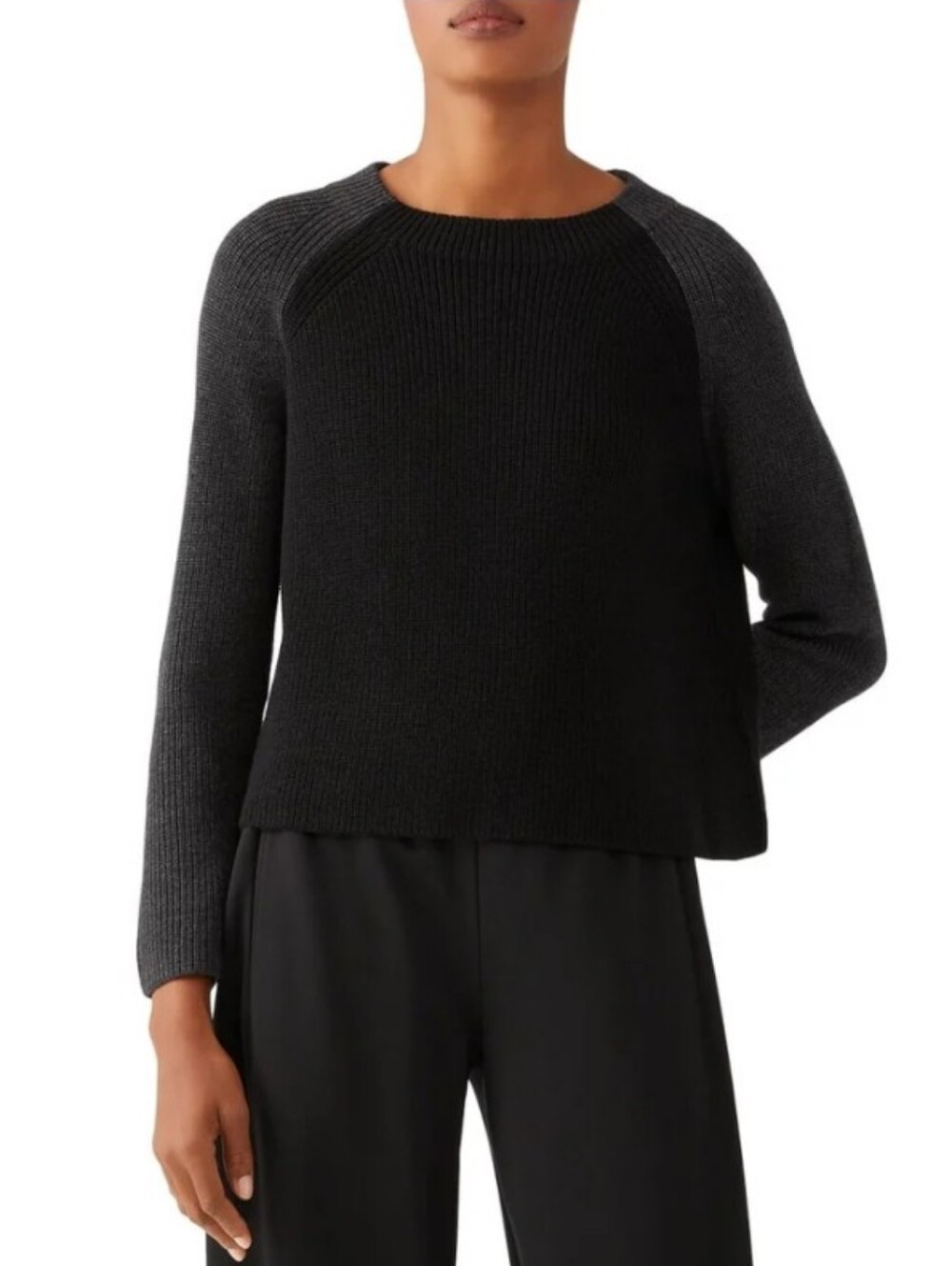 Eileen Fisher Color Block Pullover Sweater Extra Fine Merino Wool Black & Gray M